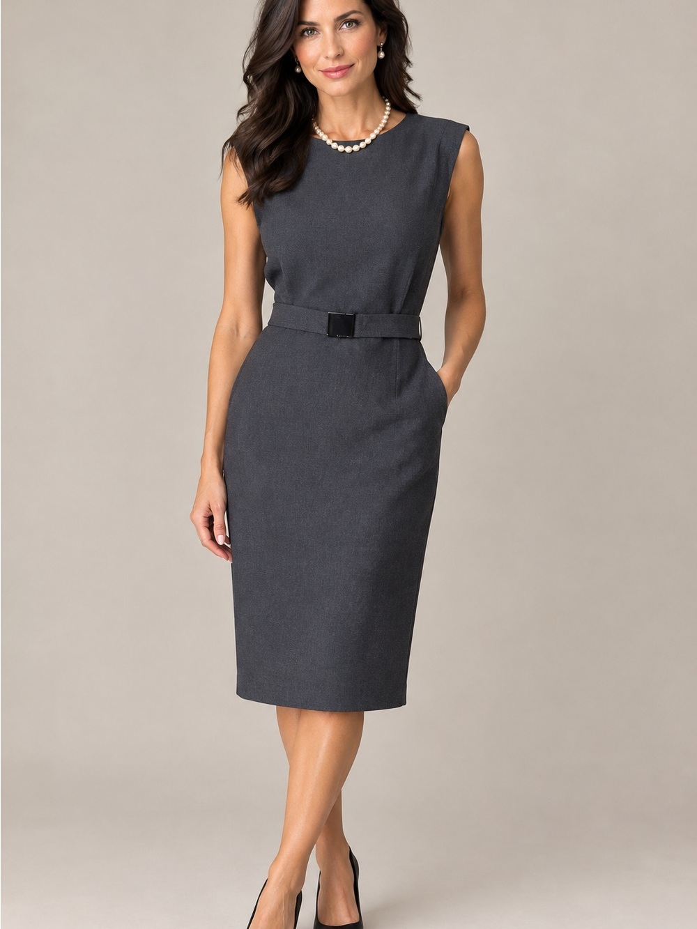 Calvin Klein Charcoal Sleeveless Belted Sheath Dress